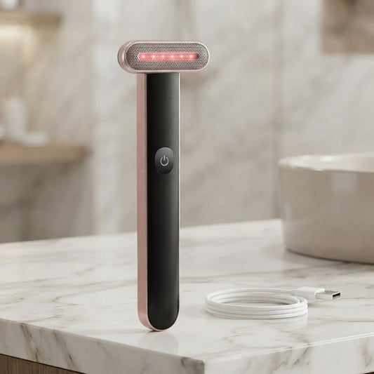Calmiri Glowwand LED facial wand standing on a marble bathroom counter
