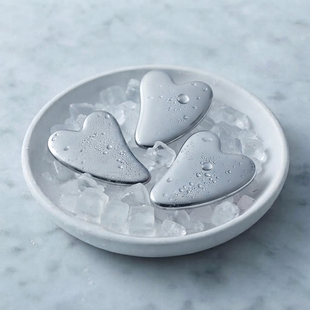 Calmiri stainless steel heart gua sha chilled on ice