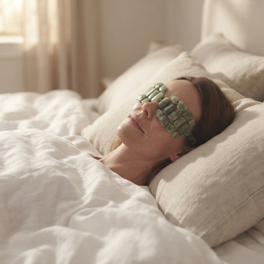 Woman relaxing with the Calmiri cooling jade eye mask